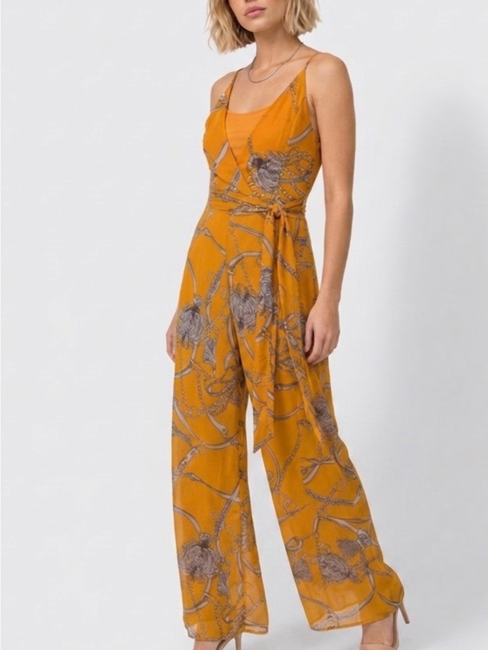 Miss Avenue Mustard Floral-Print Wide Leg Jumpsuit